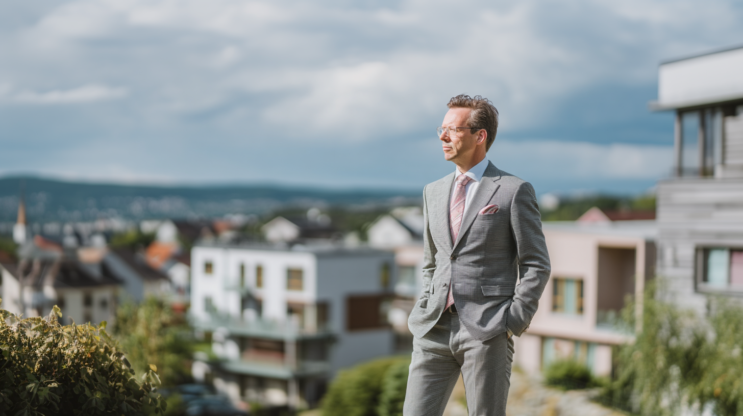 Man in Anzug mit verschwommenen Gebäuden im Hintergrund